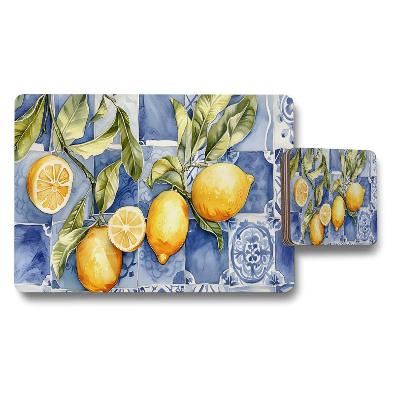 Lemon Themed Placemats And Coaster Set Blue Tile Pattern
