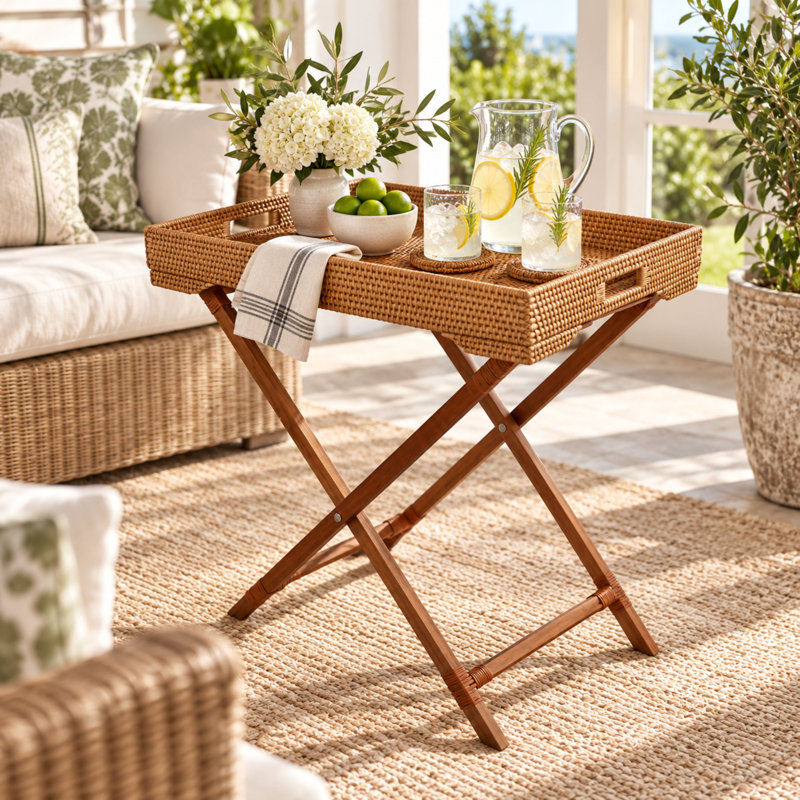 Flora Seagrass Foldable Tray Table with Wood Base, Natural Woven Indoor/Outdoor Accent Table