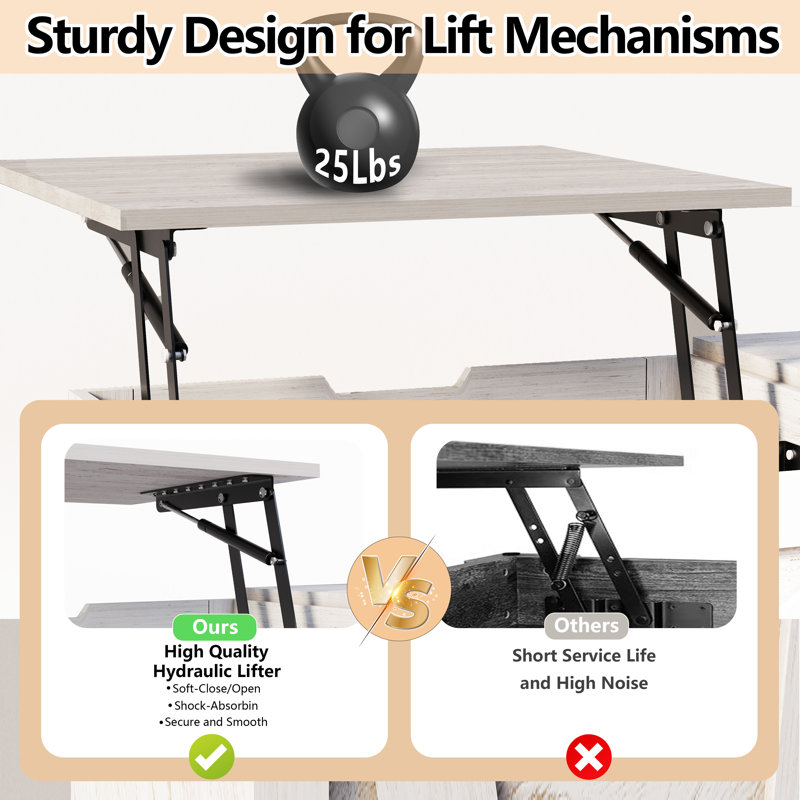 Table basse à plateau relevable de 47,2 po avec station de chargement et de rangement