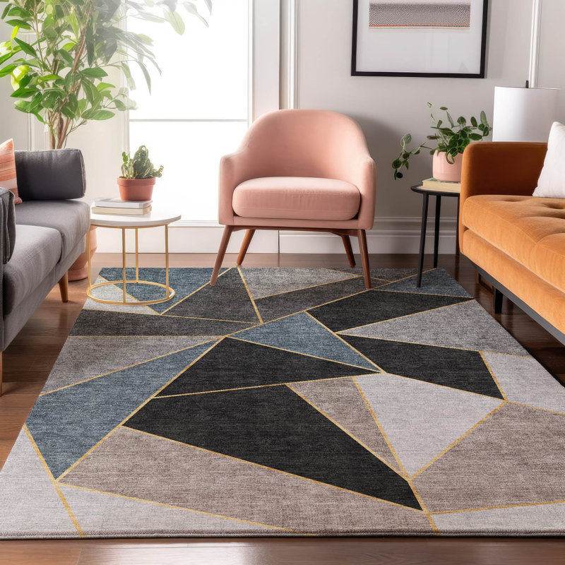 Premium Machine Washable Mayfield AMF636 Geometric Rug, Blue, 5' x 7'6"