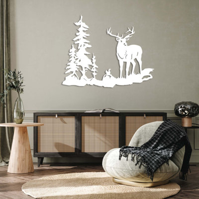 Deer In The Woods Metal Wall Art - Wildlife Forest Nature Decor - Deer Silhouette Woodland Scene Design - Rustic Cabin Lodge Wall Hanging - Modern Industrial Metal Sculpture - Outdoor Adventure Home Decor - Statement Art Piece