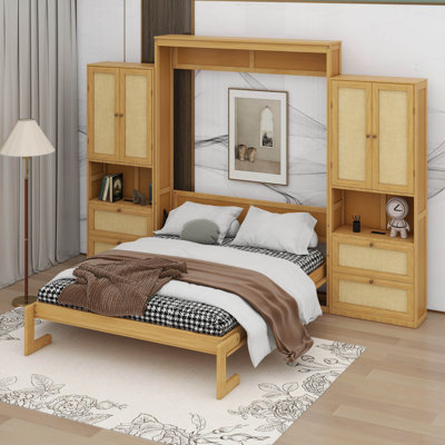 Lit escamotable double avec 2 armoires latérales, lit escamotable en rotin Farmhouse