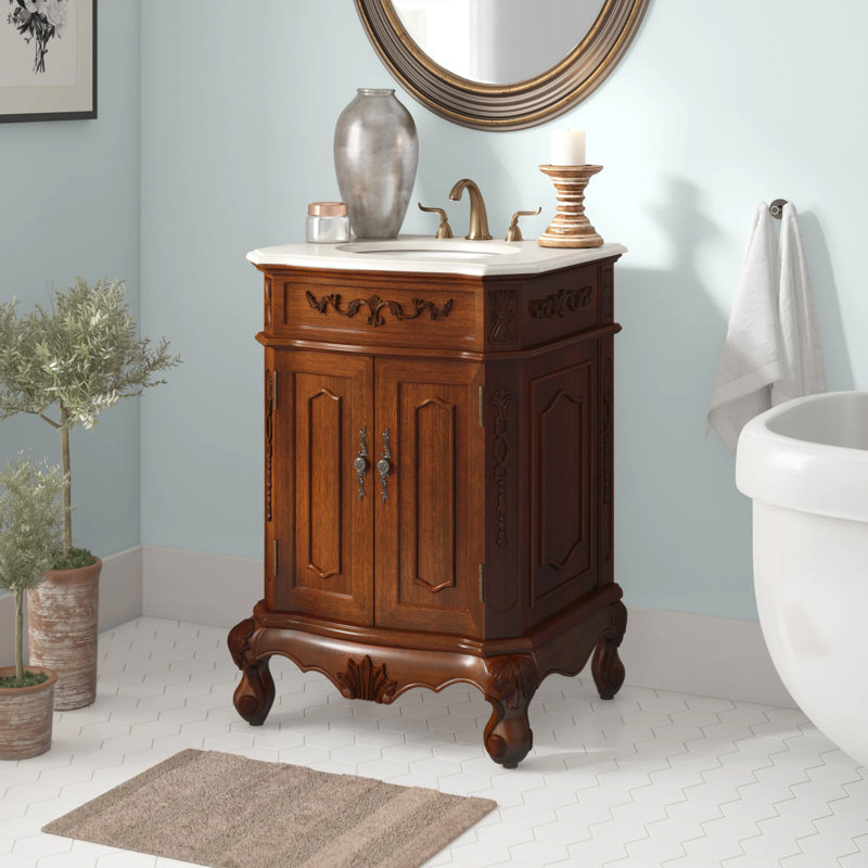 24'' Single Bathroom Vanity with Marble Top, Teak, Cream