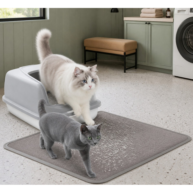 Gray 35.5 x 23.6 in litter mat with waterproof, non-slip construction; soft PVC catches scattered litter while remaining gentle on paws, and the washable surface rinses clean easily over a stable anti-slip base.
