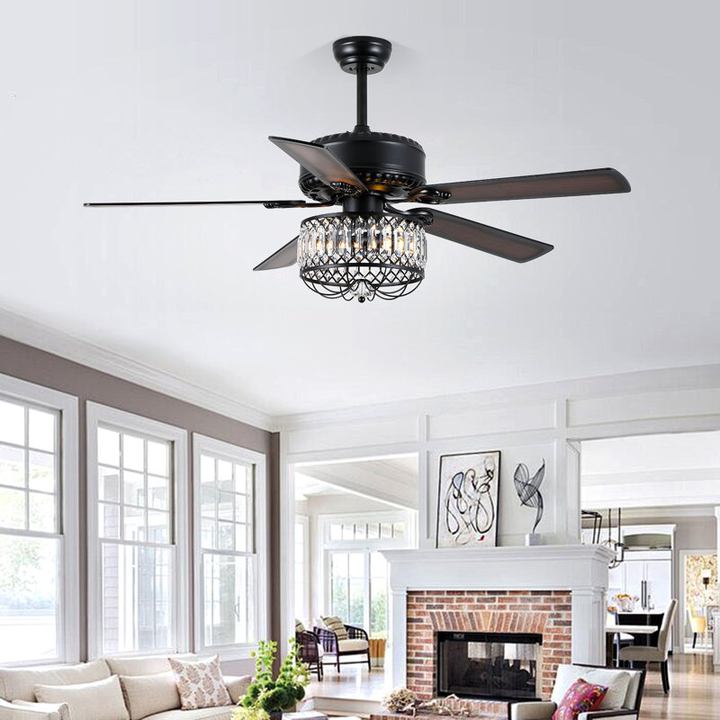 52" Indoor Crystal Ceiling Fan Fandelier With Lights And Remote Control, Black