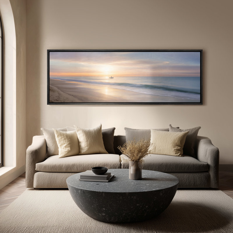 Large Framed Canvas Wall Art - Calm Ocean Sunrise Seascape Decor - 60"x20", 60"x30", 20" H x 60" W, Black