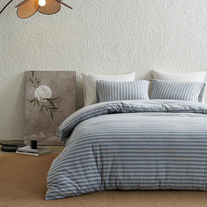 100% Jersey Knit Cotton Duvet Duvet Cover Set, Twin Duvet Cover + 1 Standard Pillowcase, Blue and Grey Stripes