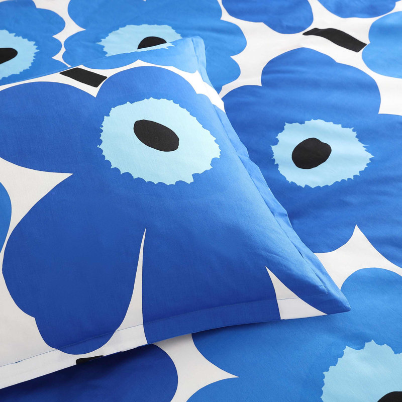 Marimekko Unikko Blue Cotton Reversible Comforter Set, Queen Comforter + 2 Standard Shams