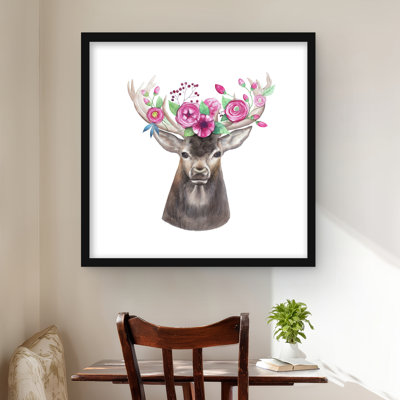 Tête de cerf avec fleurs - décor encadré de faune