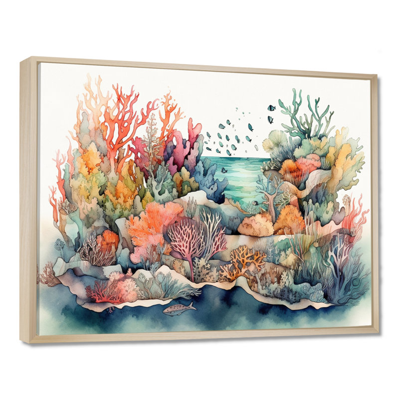 «Vibrant Coral Reef II - Modern Beach», reproduction sur toile encadrée, H 24 po x l 32 po x P 1 po, Cadre flottant érable