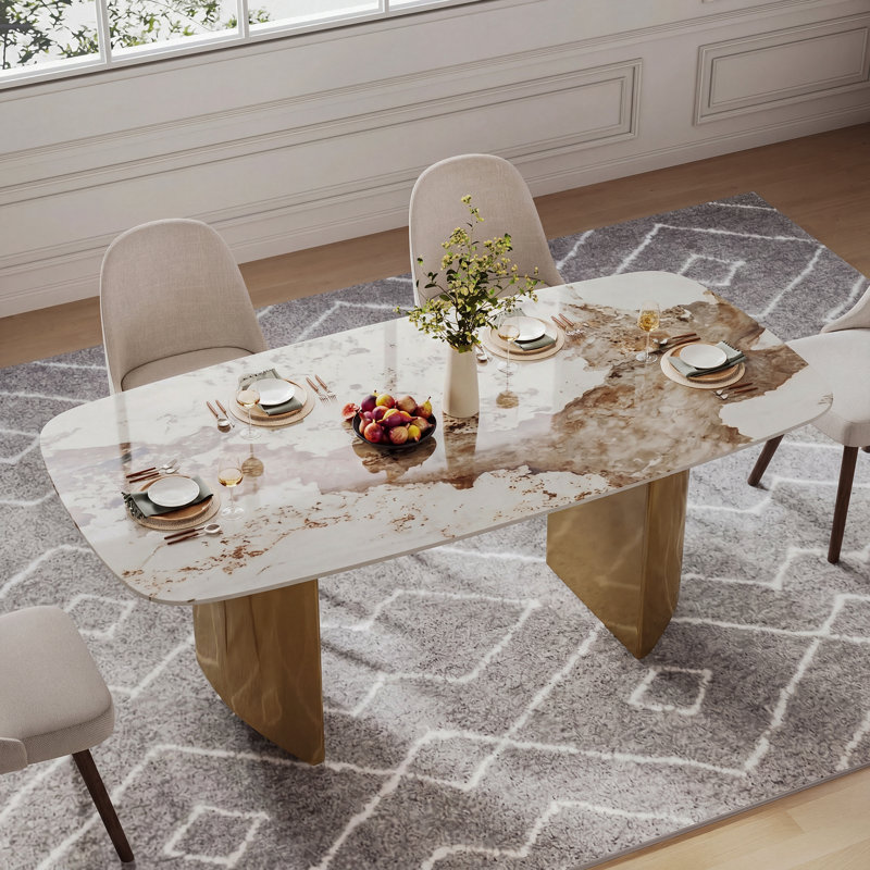 Wakenda 70.9" Modern Rectangular Sintered Stone Dining Table With Stainless Steel Base, Gold, 35.4'' W x 70.9'' L