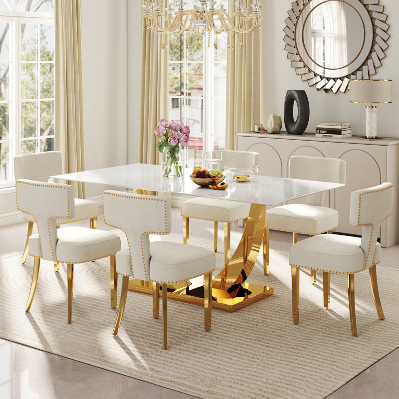 Ensemble de salle à manger moderne à piédestal rectangulaire avec chaise Chenin Dininig, 7, Beige/or