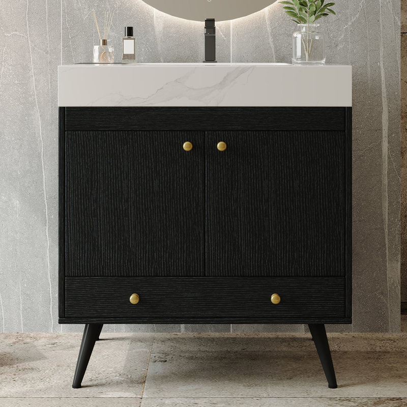 Meuble-lavabo moderne de 29,9 po avec pieds en métal, armoire à grain de bois noir, comptoir en marbre et lavabo en céramique, boutons dorés, sans miroir