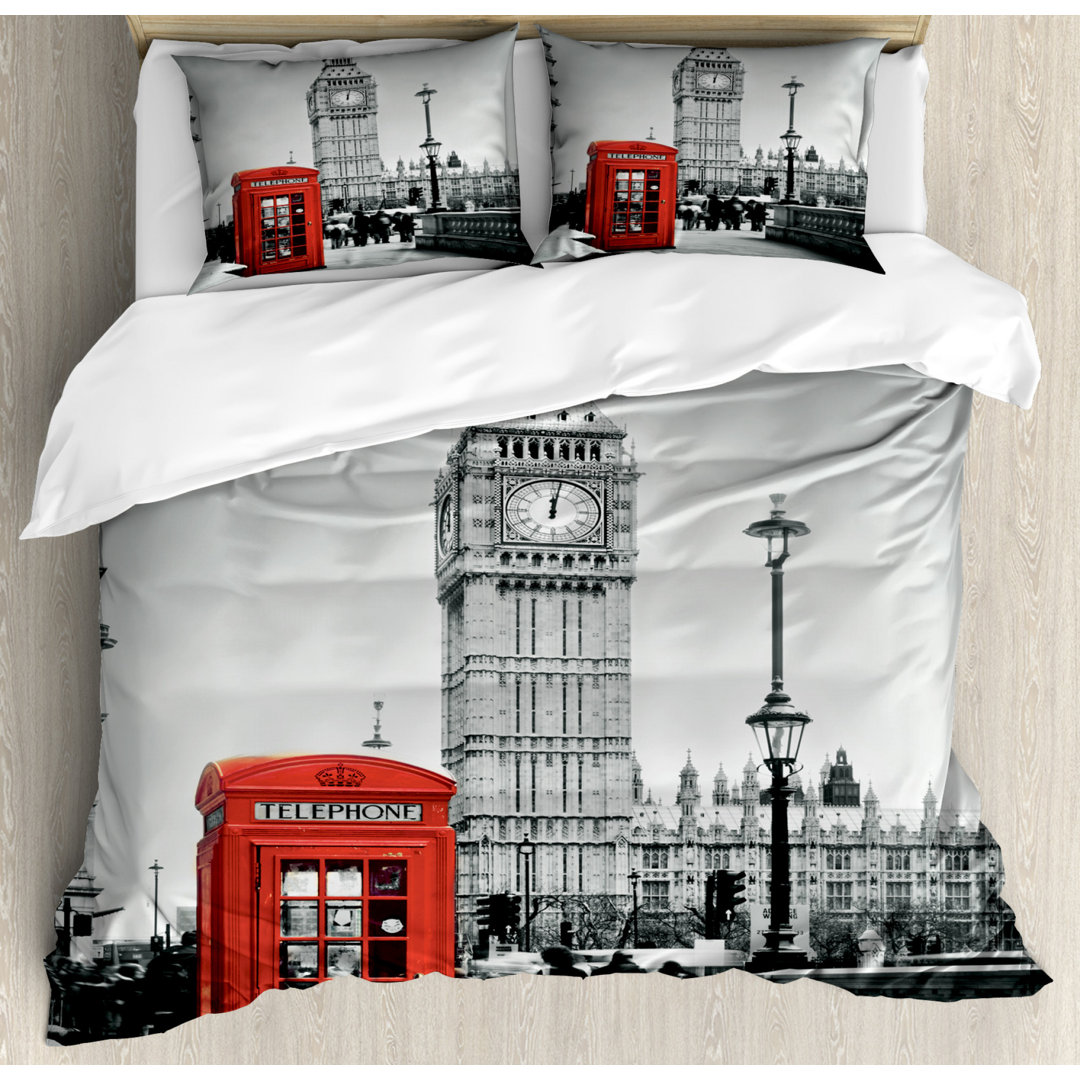 Bettbezug Set, Telefonzelle Big Ben, London, Grau Rot