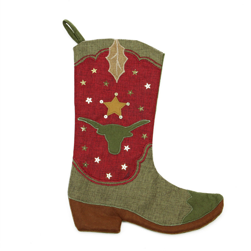 Chaussette de Noël 17,5 po en forme de taureau rouge et vert avec silhouette de taureau