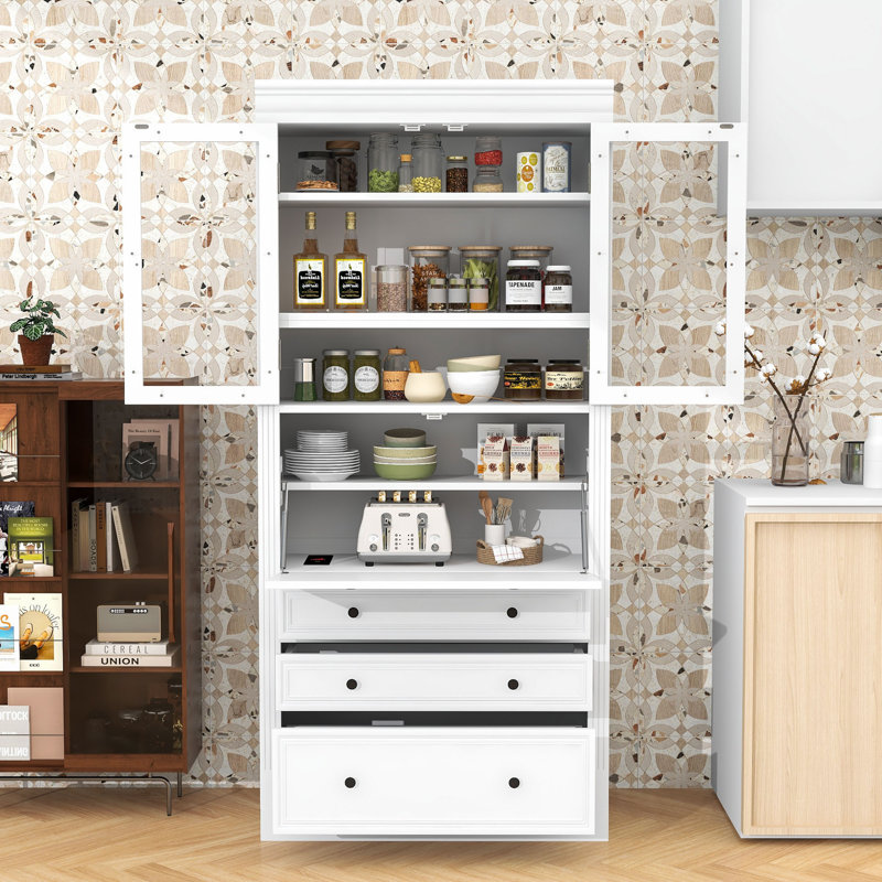 Armoire de cuisine avec 3 tiroirs, tablettes réglables, prise de courant et ports USB, Blanc