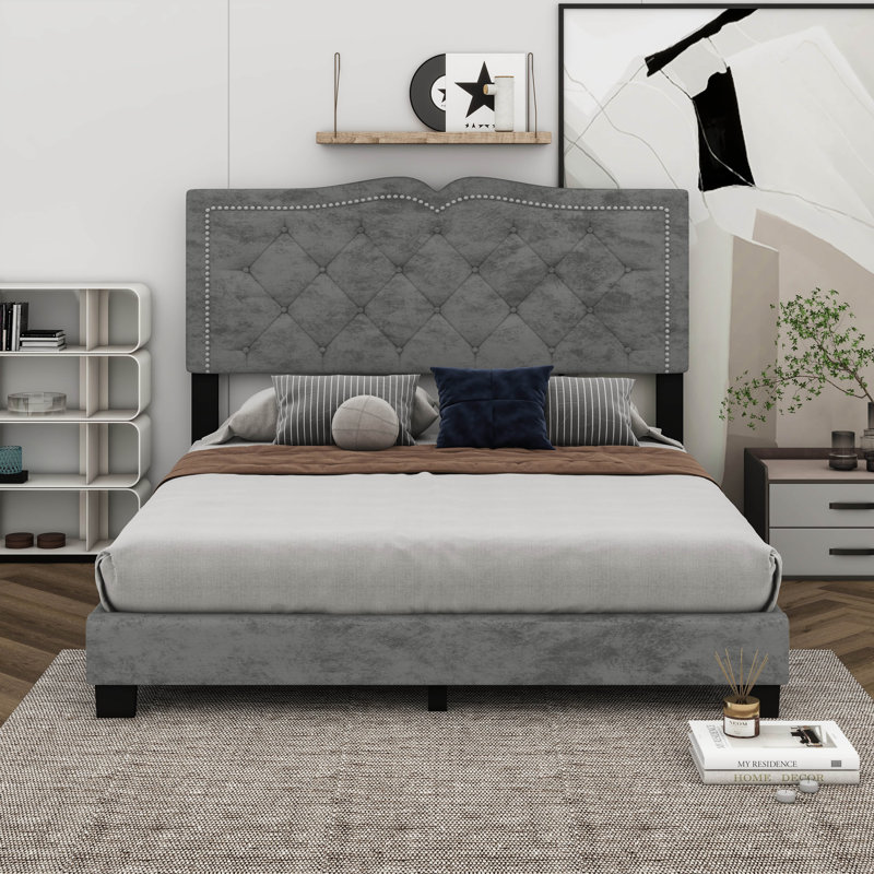 Lit plateforme tapissier Bilgehan, gris, Grand