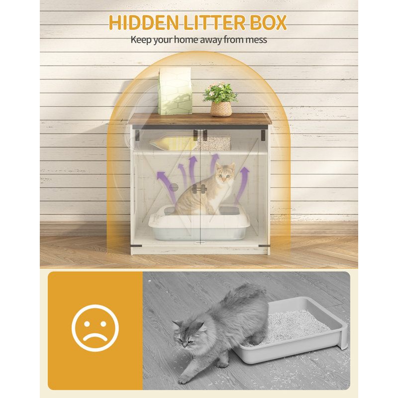 Cat Litter Box Enclosure, Farmhouse Hidden Litter Box Cabinet Furniture with 2 Door, Indoor Cat House with Adjustable Dividers, 80 x 50 x 79.5cm, Rustic Brown and White 