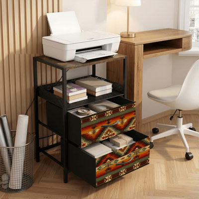 2 Drawers Nightstand with Charging Station, Bedroom Nightstand with USB Ports, Outlets Open Shelf Black, night stand with Tribal southwestern native american navajo seamless Ethnic fashion Print