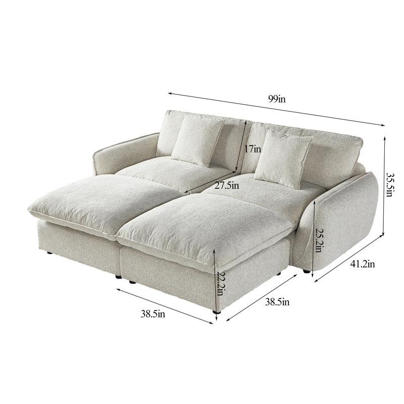 Sofa Bed With 2 Ottoman, Light Gray Polyester Blend