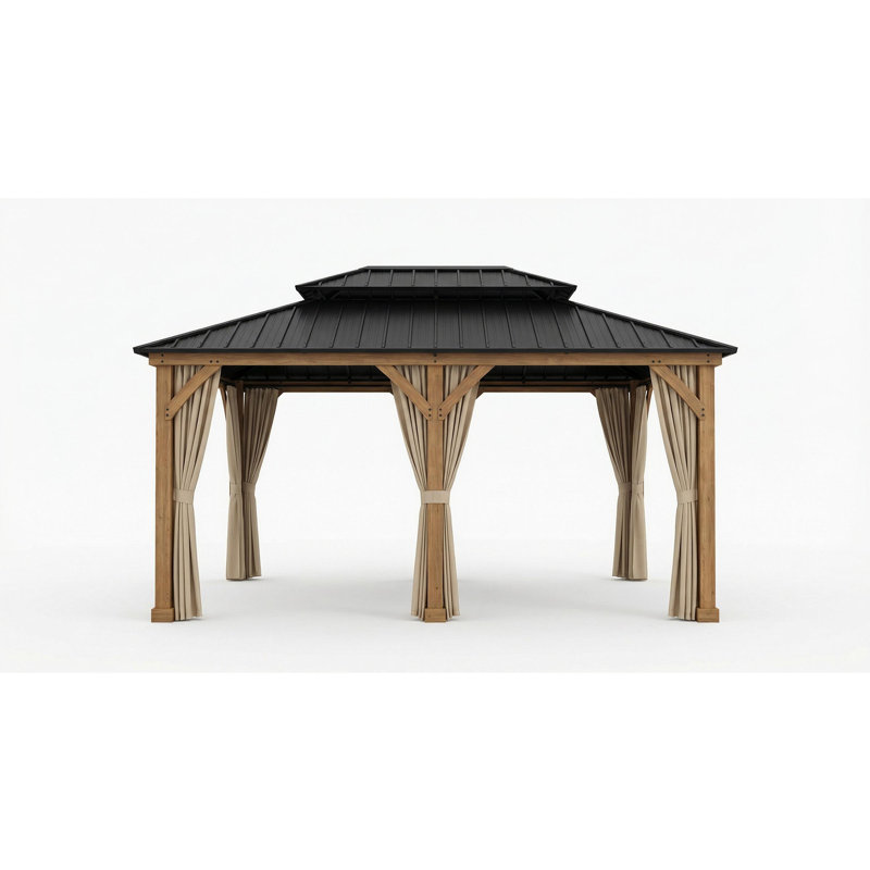 Pavillon de jardin en bois 12 po x 20 pi avec toit double en acier galvanisé, filet et rideaux, pavillon extérieur pour jardin