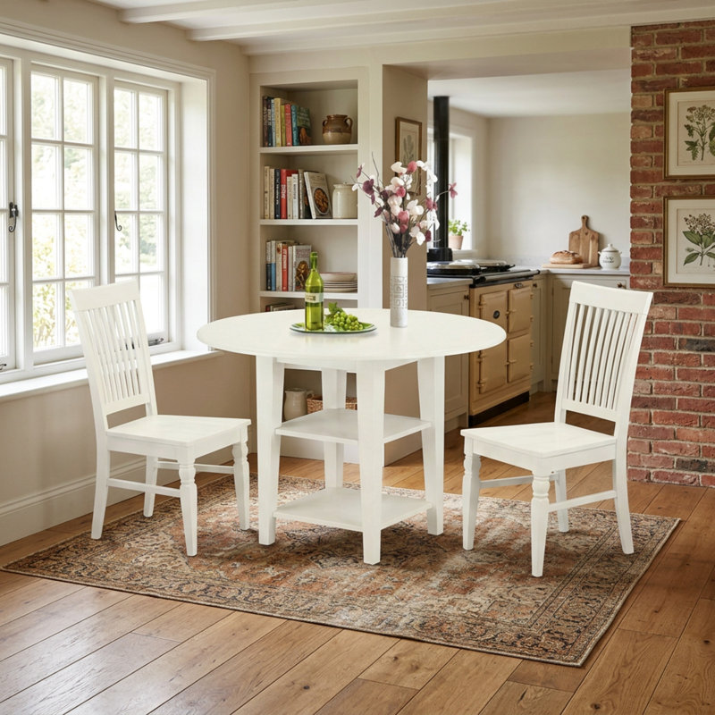 Ensemble de salle à manger rond 3 pièces en bois d'hévéa massif blanc lin avec 2 chaises à dossier à lattes, siège en bois et deux rallonges rabattables de 28 cm (11 pouces).