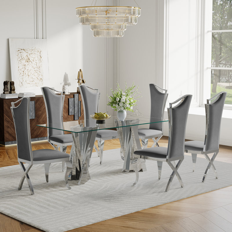 Dining Set, Silver, Gray/Silver, 7 Pieces: Table, 6 Chairs