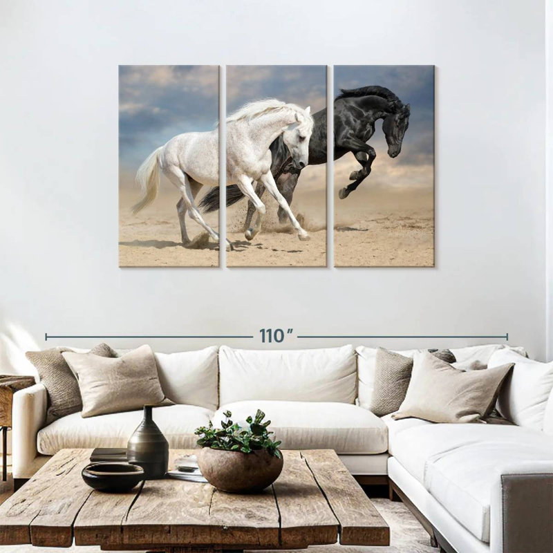Chevaux noirs et blancs Brampt, H 48 po x l 74 po