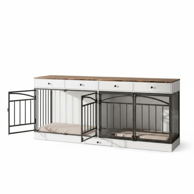 79'' Double Dog Crate Furniture, Large Indoor Kennel with 4 Storage Drawers & Feeding Stations, Stylish TV Stand for 2 Small/Medium Dogs, White