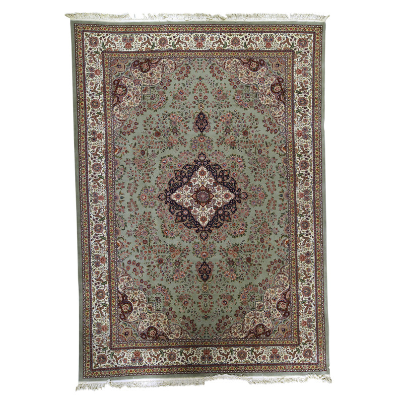 Tapis vert clair et bleu marine noué à la main de haute qualité