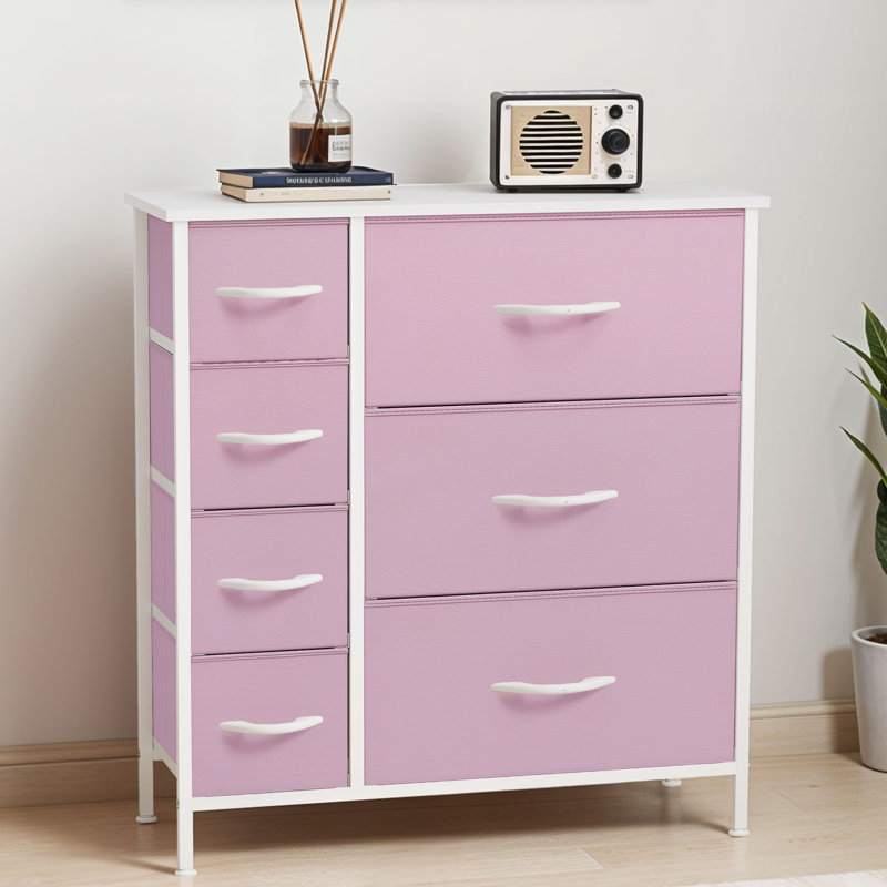 Commode 7 tiroirs en tissu avec plateau en bois et structure en métal, Pink