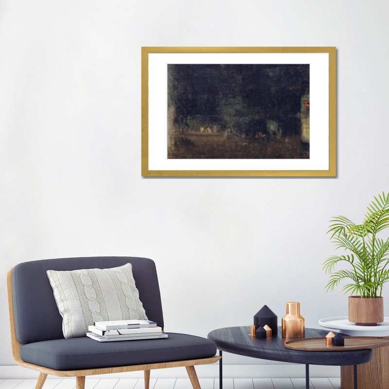 Nocturne en noir et or les jardins - reproduction d'art mural - papier d'art encadré, 24 po x 32 po, Papier encadré, Doré
