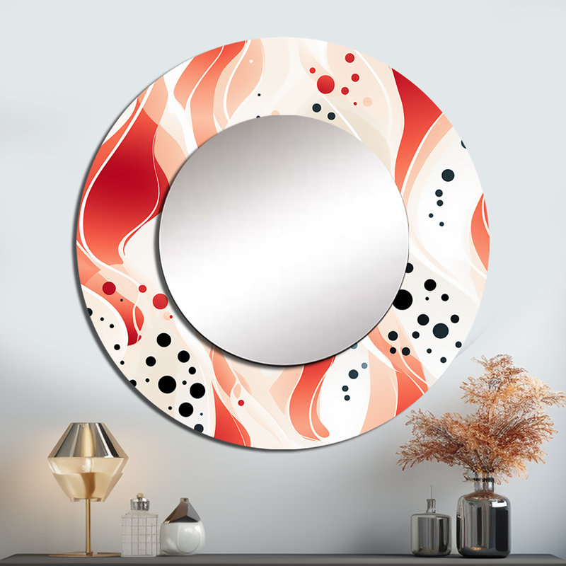 Red And White Polka Dots Pattern - Polka dots  Mirror, Red Decorative Wall Mirror, Printed Metal Art, 29" x 29", Round