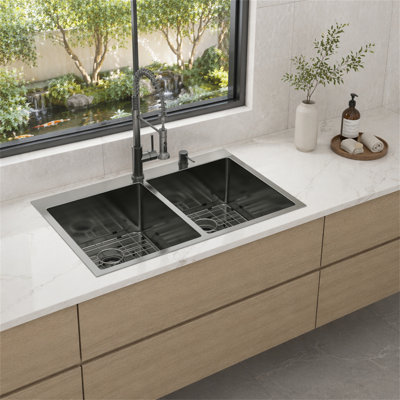 Évier de cuisine à double cuve à montage sur plan - 33 po x 22 po x 10 po noir