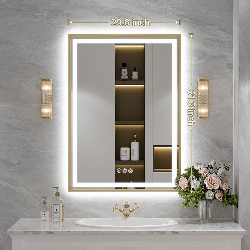Miroir de salle de bain super lumineux, 32 po x 24 po, Doré