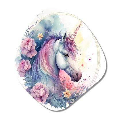 Mignon licorne pastel entourée de fleurs III - animaux, forme de nébuleuse cheval, art mural asymétrique en métal
