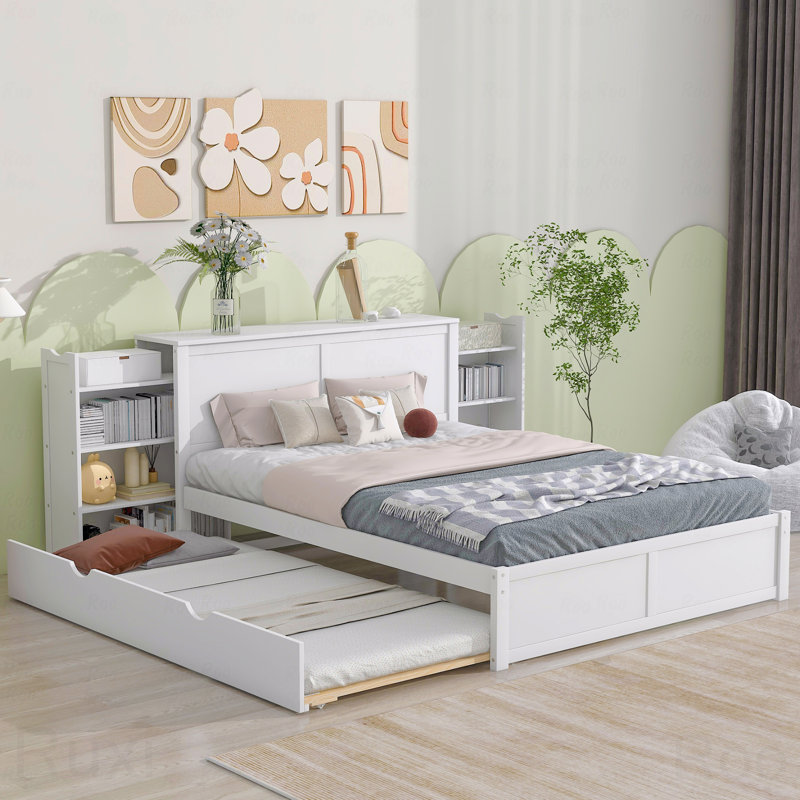 Grand lit plateforme avec rangement, tablettes coulissantes, lit gigogne simple TG
