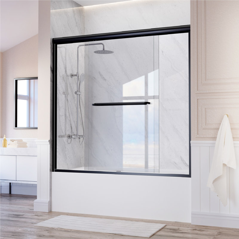 55" - 59'' W x 60'' H Double Sliding Door Semi-Frameless Tub Door With Two Towel Bars, Matte Black