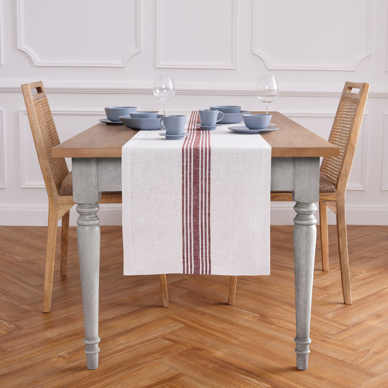 Farmhouse - 100% Pure Linen Table Runner, 36" x 14", Burgundy/White