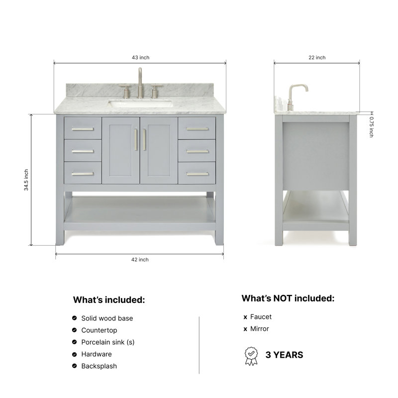 Magnolia Bath Vanity Rectangular Basin S061SCW2R, Gray, 43", Rectangular