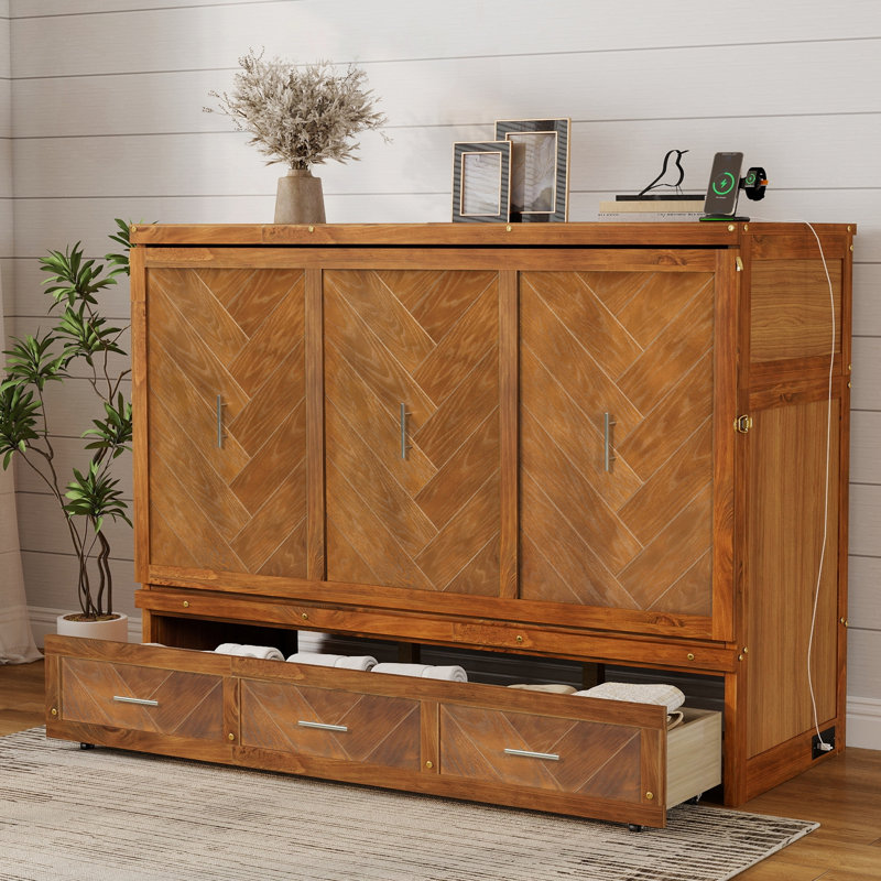 Grand lit escamotable avec chargement USB, panneaux géométriques et tiroir spacieux pour une vie moderne et compacte, finition noyer