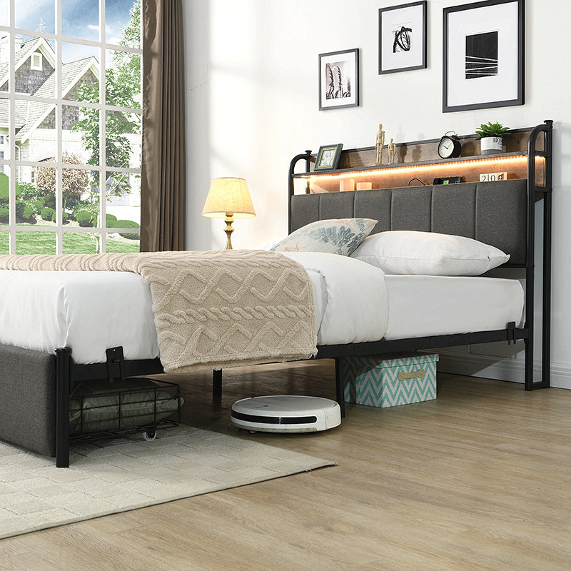 Bed Frame, Storage Headboard With Charging Station, Solid And Stable, Noise Free, No Box Spring Needed, Easy Assembly, Queen