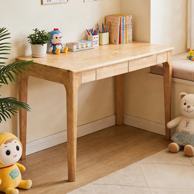 Solid Wood Desk With Drawers, Standing Desk With Smooth Edges, Home Office Desk For Small Spaces, Mid Century Modern Desk For Study, Bedroom, Living Room, Office, (Natural Wood Color)