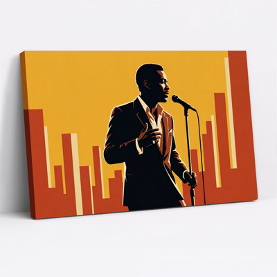 Chanteur en costume avec microphone et toile murale représentant un paysage urbain orange