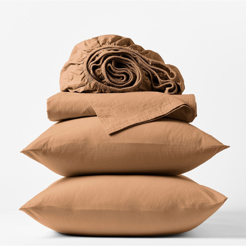Ensemble de draps en percale organique froissé, Ensemble de draps pour très grand lit avec 2 taie, Gingembre gingembre