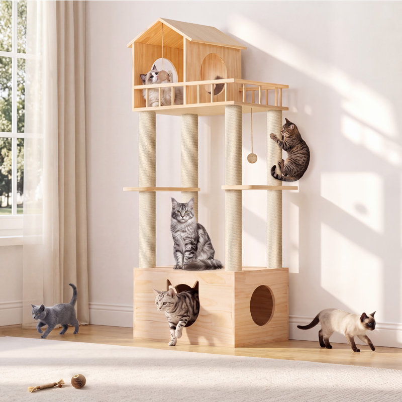 Arbre à chat Bianca en bois de 155 cm avec plateformes à plusieurs niveaux, 2 tunnels et poteaux à griffer inclus.