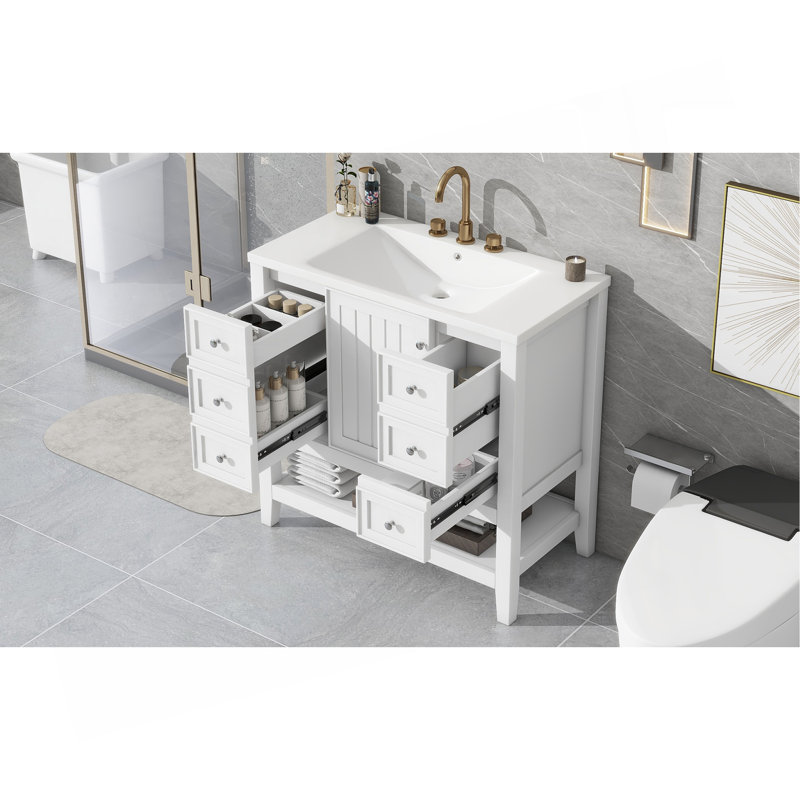 Meuble-lavabo élégant avec lavabo, tiroirs et armoire pour un décor de salle de bain fonctionnel et élégant.