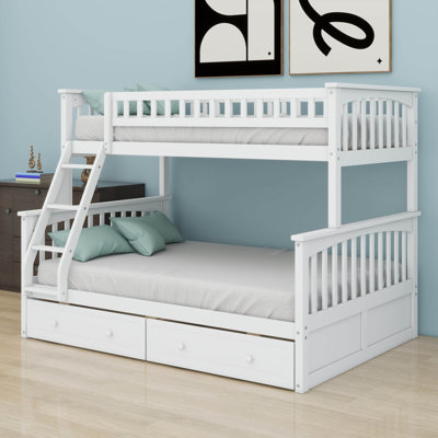Convertible Wood Twin Over Full Bunk Bed With 2 Storage Drawers And Ladder - Can Be Divided Into Two Daybeds