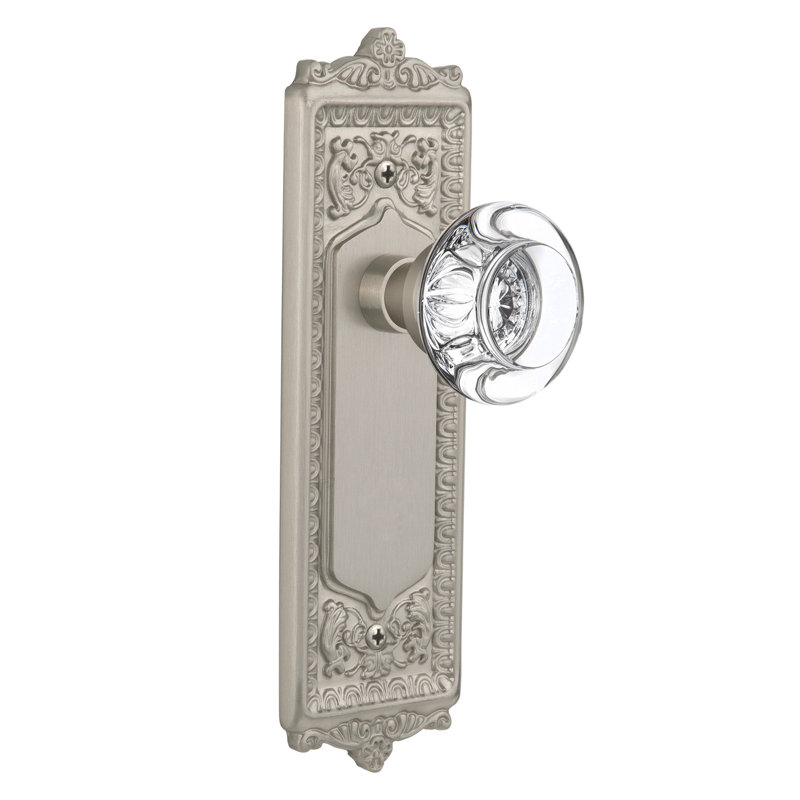 Egg & Dart Plate with Round Clear Crystal Door Knob, Satin Nickel