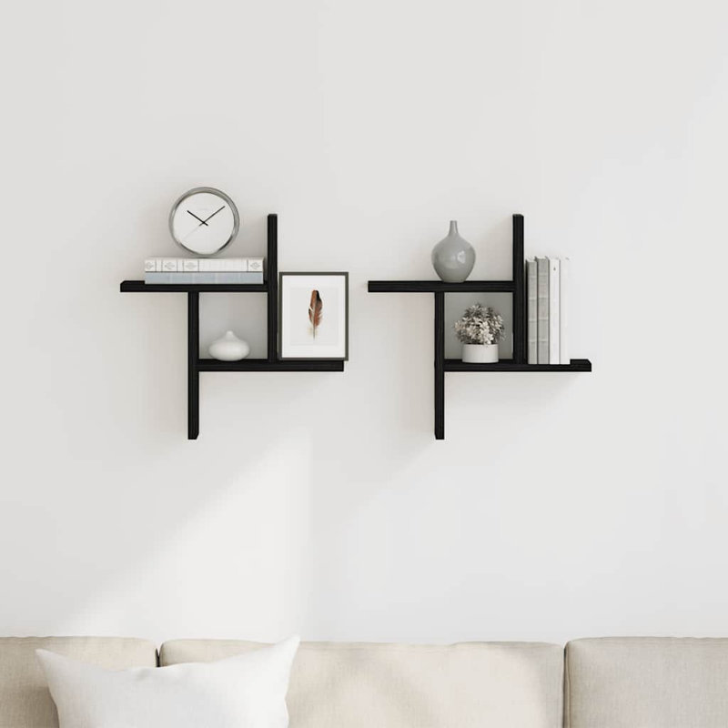 Wall Shelves 2 Pcs Black Oak Engineered Wood, 38cm H x 38cm W x 12cm D